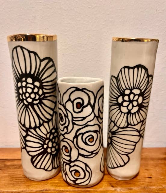 Handmade Ceramic Floral 8" Cylinder Vase w/ 22K Gold Accents