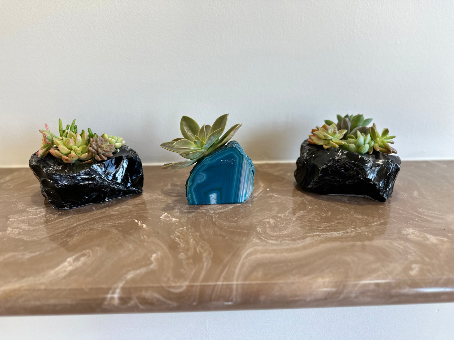 Black Obsidian Planters and Teal Agate Crystal Planter with Cut Succulents