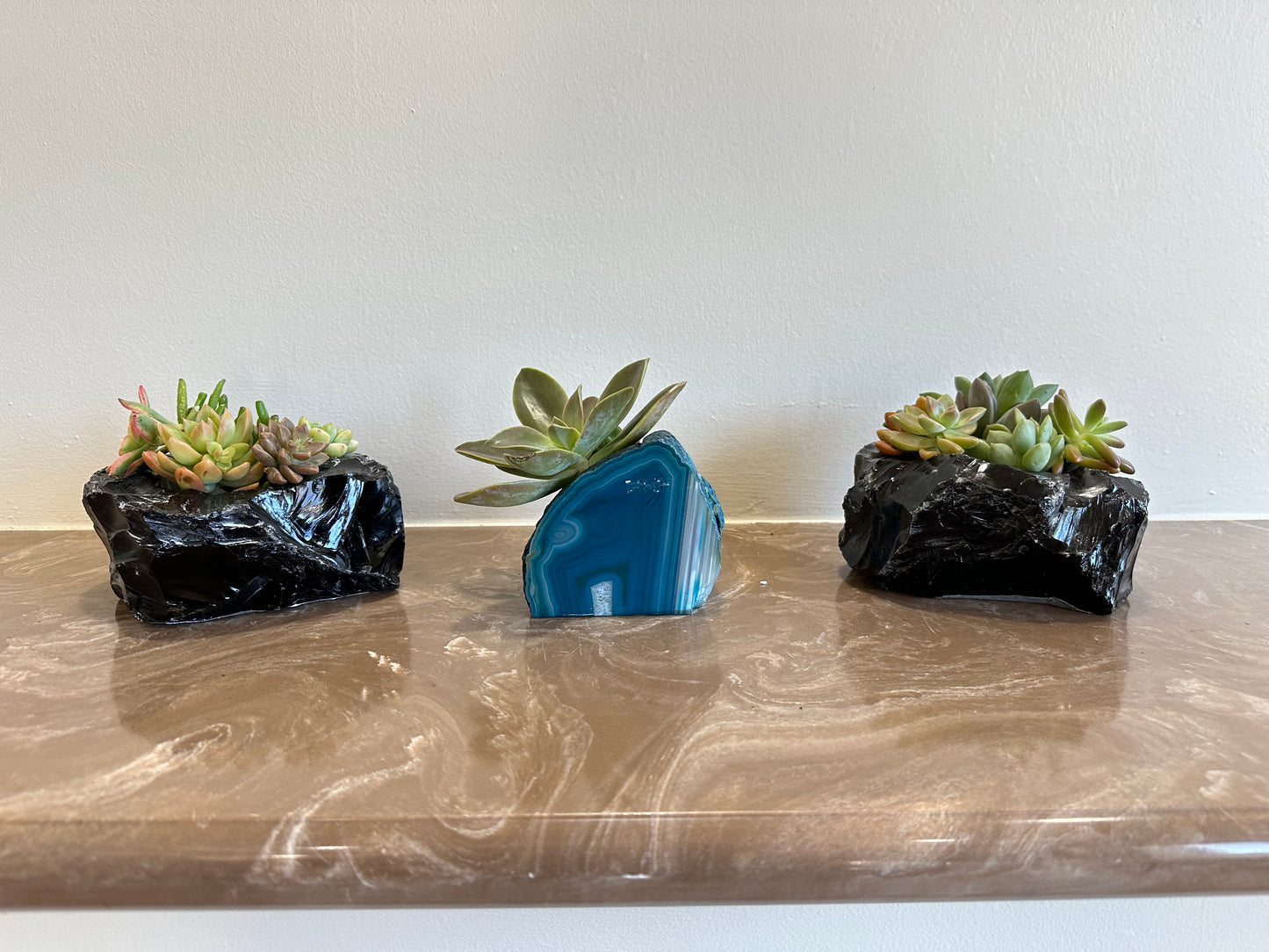 Black Obsidian Planters and Teal Agate Crystal Planter with Cut Succulents
