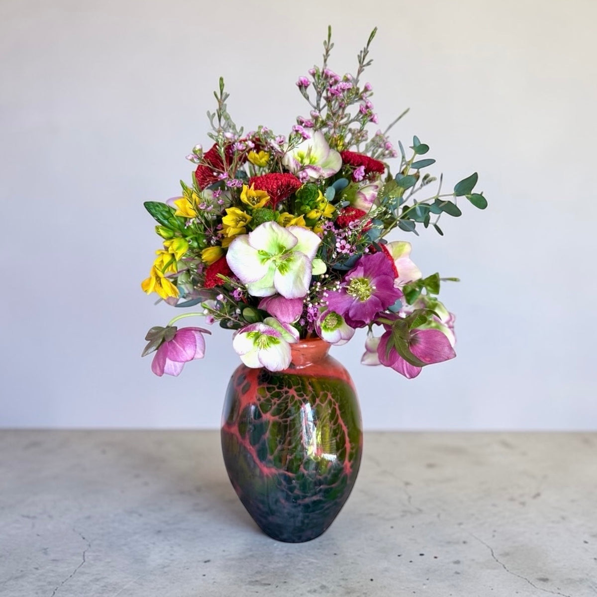 Rust Orange Vase with Green Organic Pattern