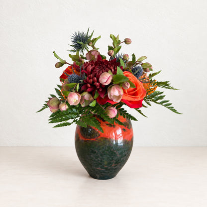 Rust Orange Vase with Green Organic Pattern