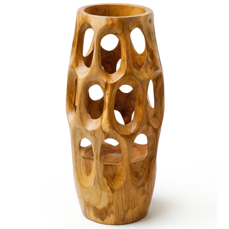 A carved teak root vase with multiple openings and a smooth finish.