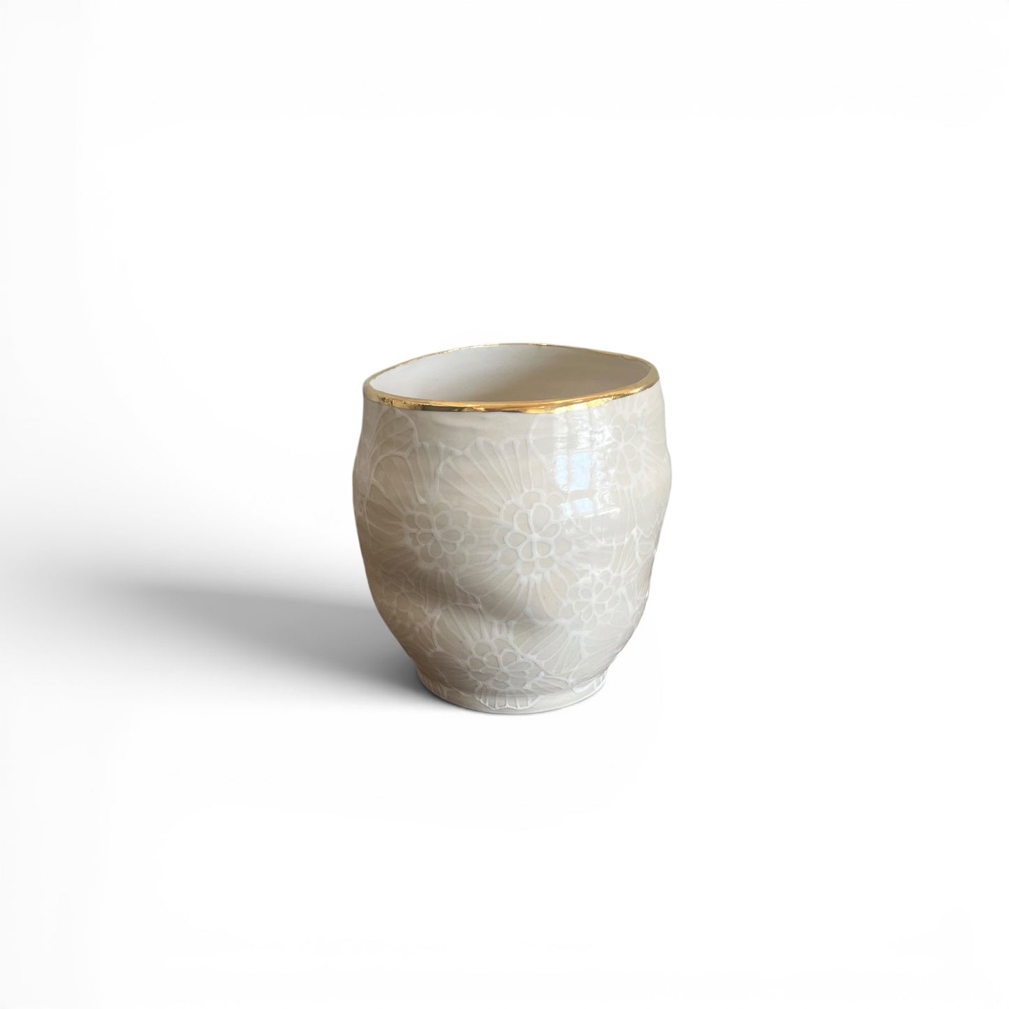 6 - 7" Short and Wide Vase - Floral, French Linen - 22K Gold Accents