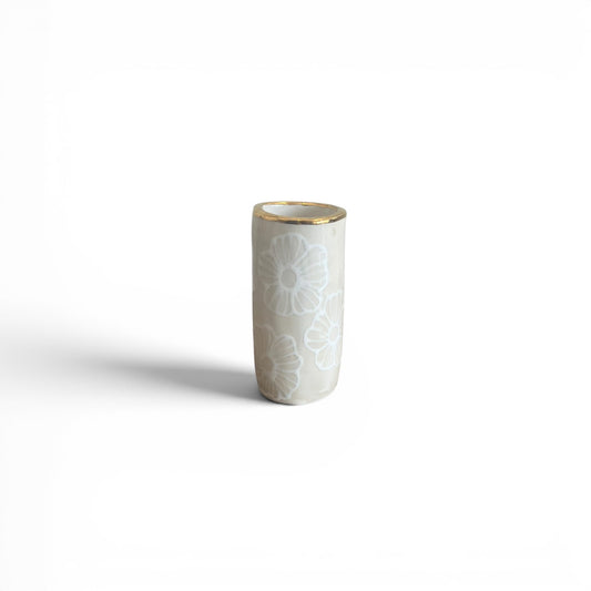 4" Cylinder Vase - Floral, French Linen - 22K Gold Accents