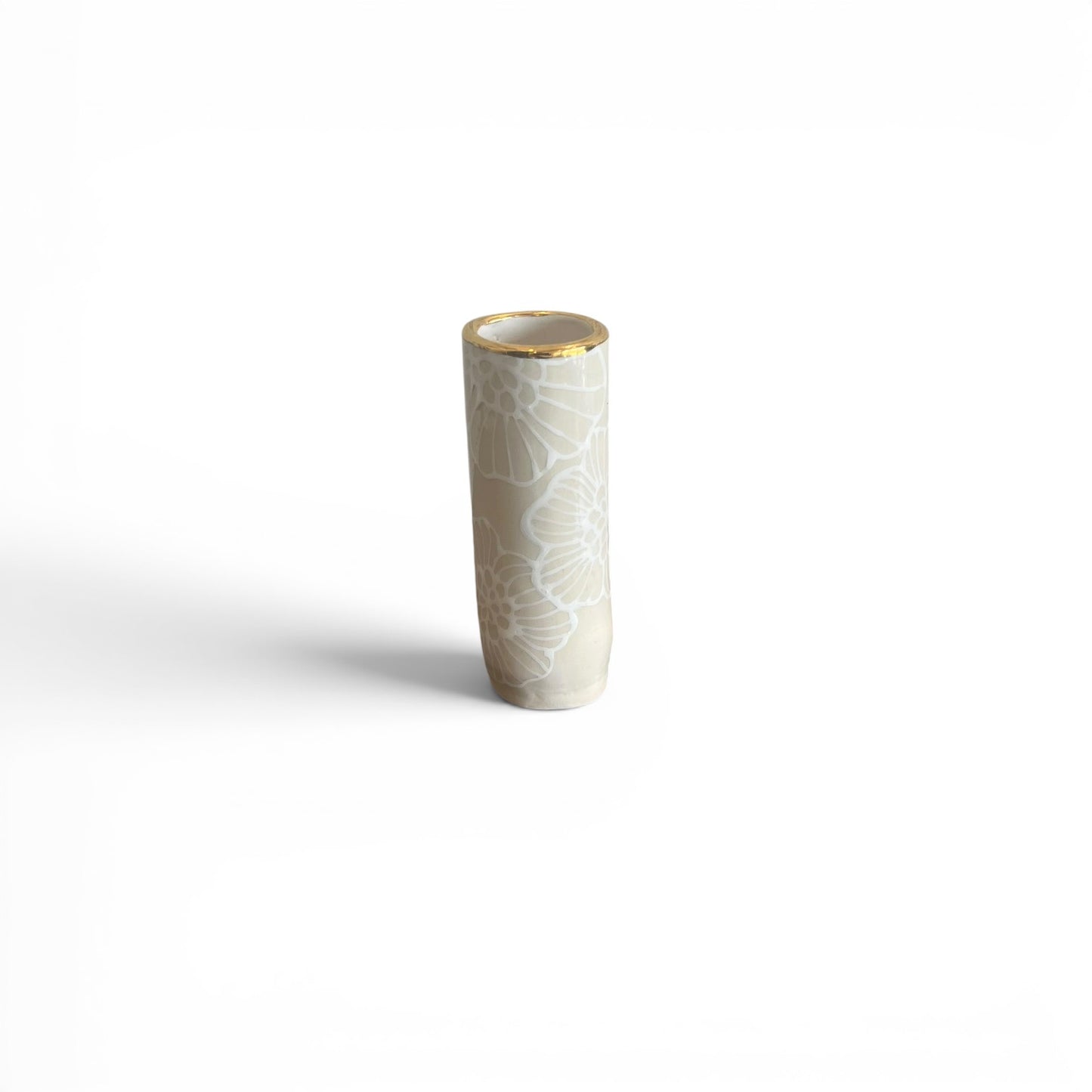 6" Cylinder Vase - Floral, French Linen - 22K Gold Accents